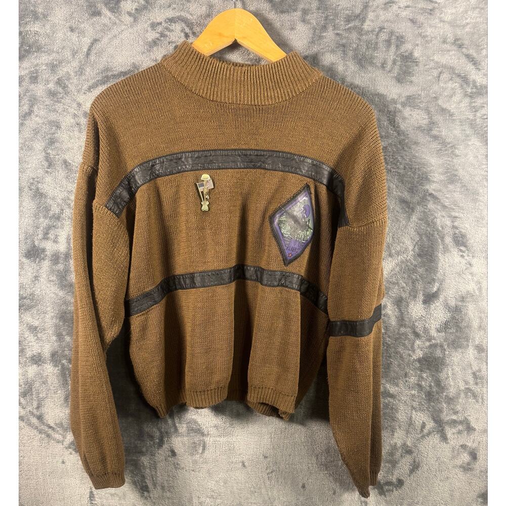 VTG 80s Bugle Boy Flyers Military Style Sweater Men's Medium Brown